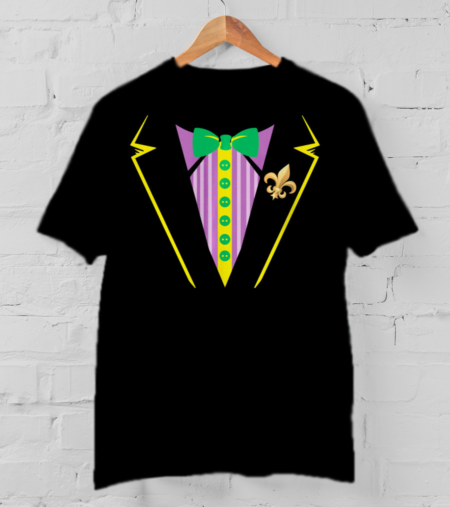 Mardi Gras Tux With Bow Tie And Fleur De Lis Icon For Funny Party T-Shirt