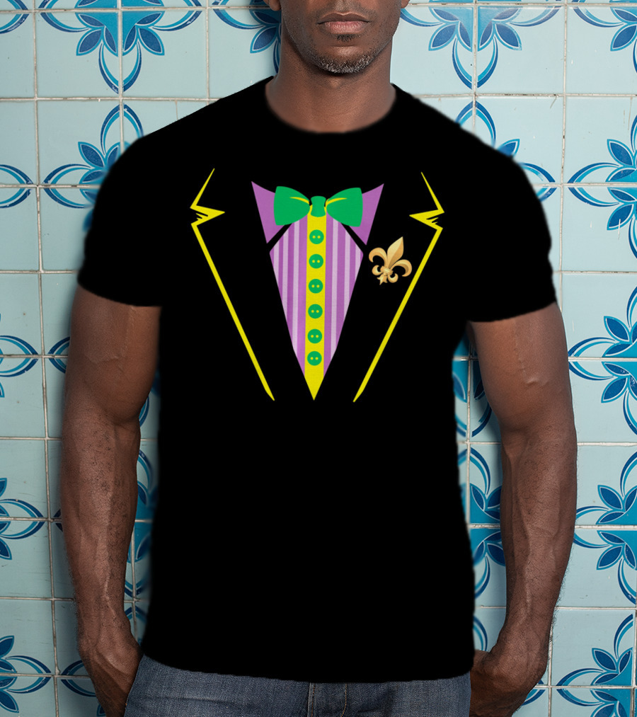 Mardi Gras Tux With Bow Tie And Fleur De Lis Icon For Funny Party T-Shirt