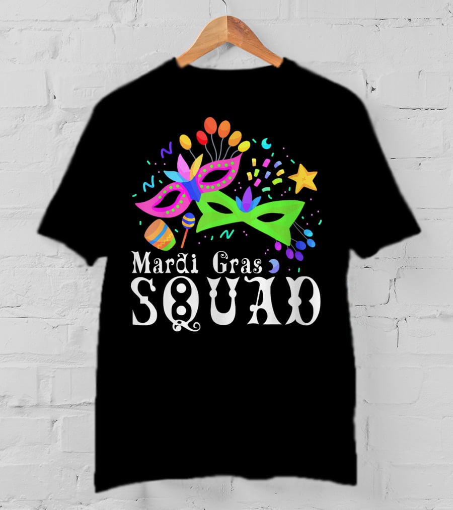 Mardi Gras Squad Mask Beads Confetti Celebration Fun T-Shirt