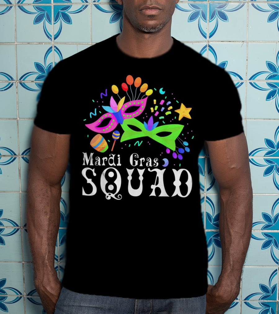 Mardi Gras Squad Mask Beads Confetti Celebration Fun T-Shirt