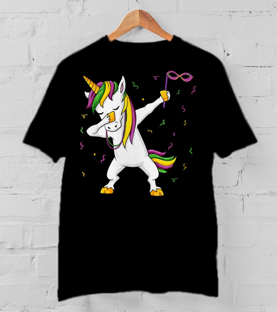 Dabbing Unicorn Mardi Gras Mask Colorful Fun Girls T-Shirt