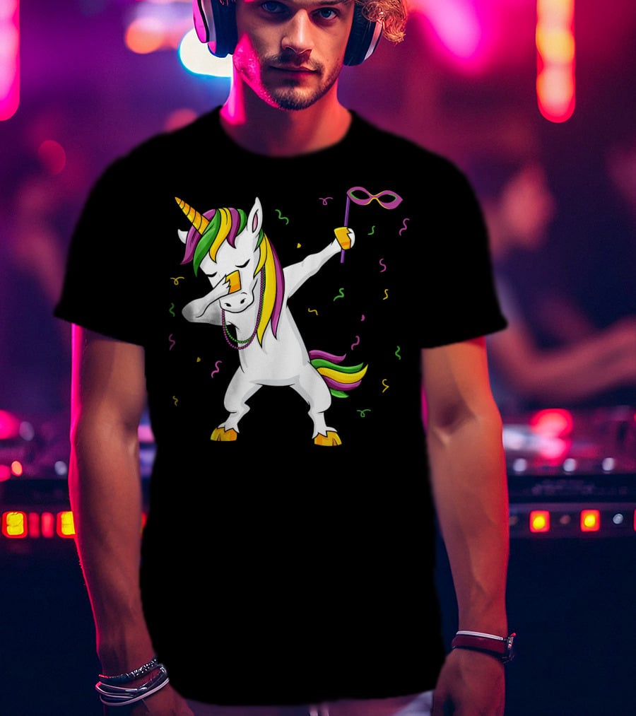 Dabbing Unicorn Mardi Gras Mask Colorful Fun Girls T-Shirt