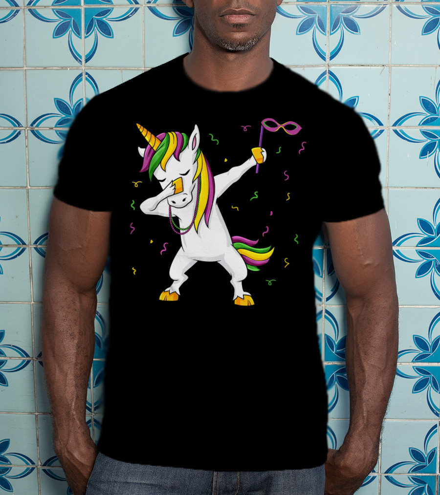 Dabbing Unicorn Mardi Gras Mask Colorful Fun Girls T-Shirt