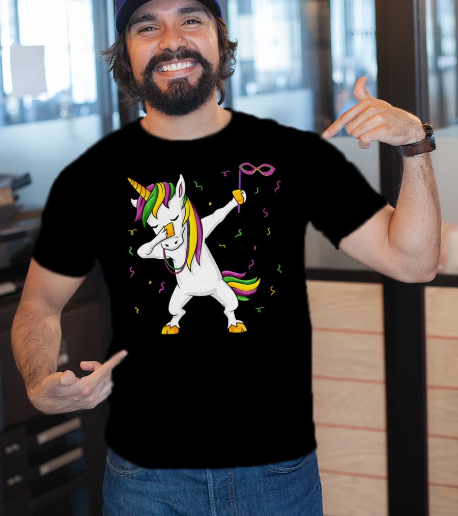 Dabbing Unicorn Mardi Gras Mask Colorful Fun Girls T-Shirt