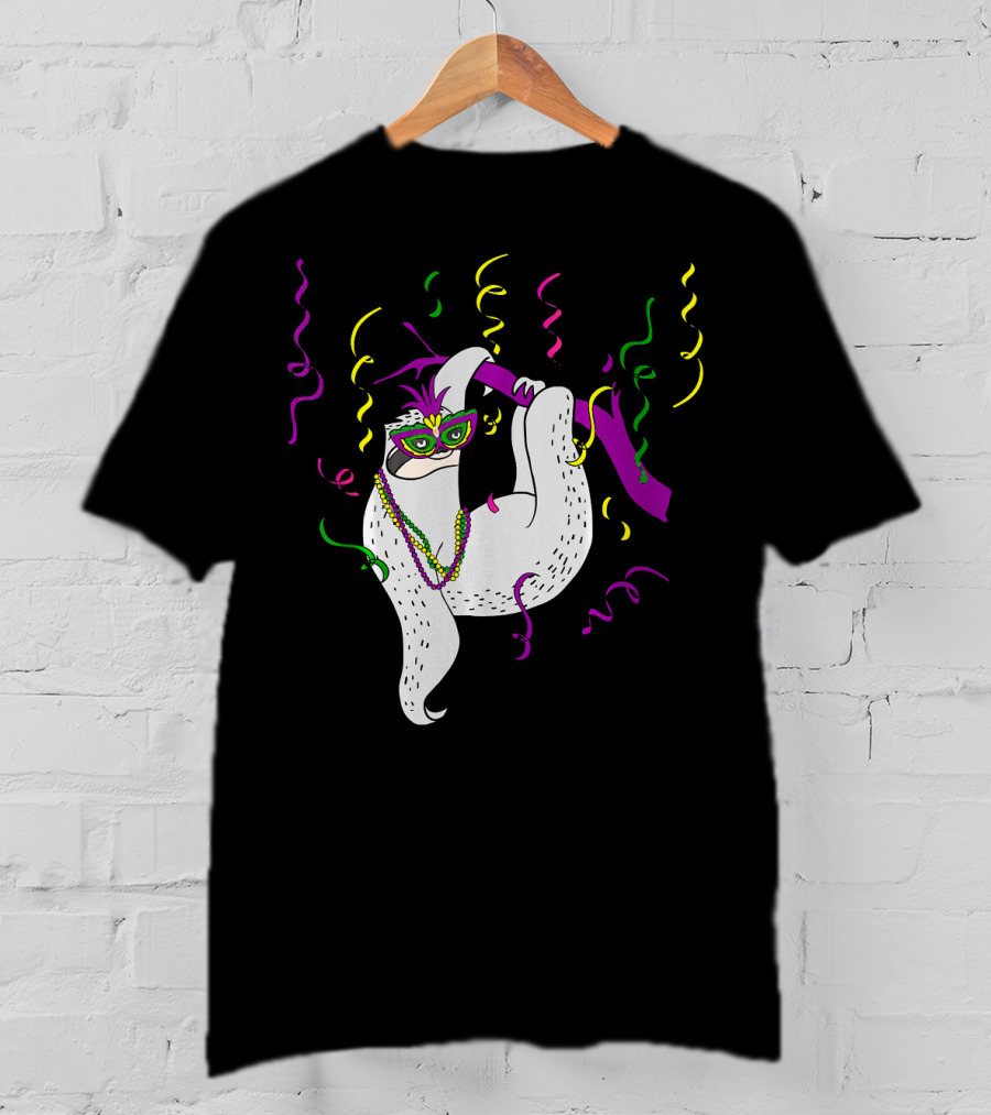 Sloth Mardi Gras Colorful Mask And Beads T-Shirt