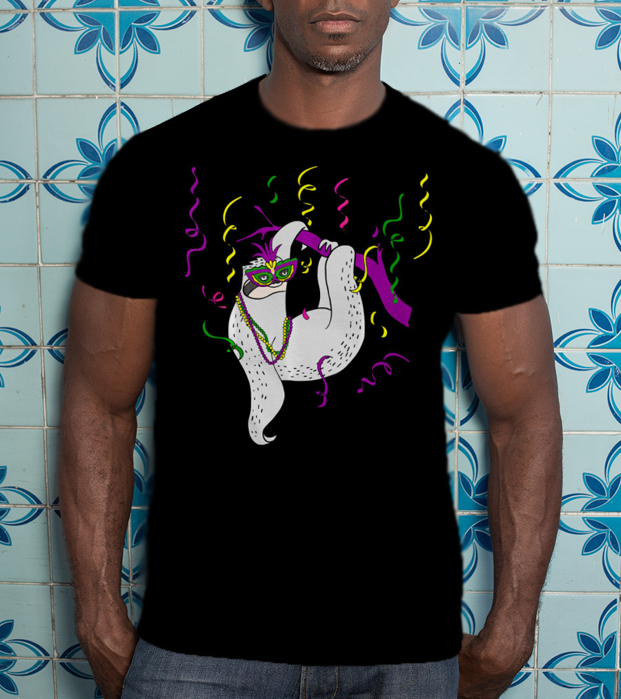 Sloth Mardi Gras Colorful Mask And Beads T-Shirt