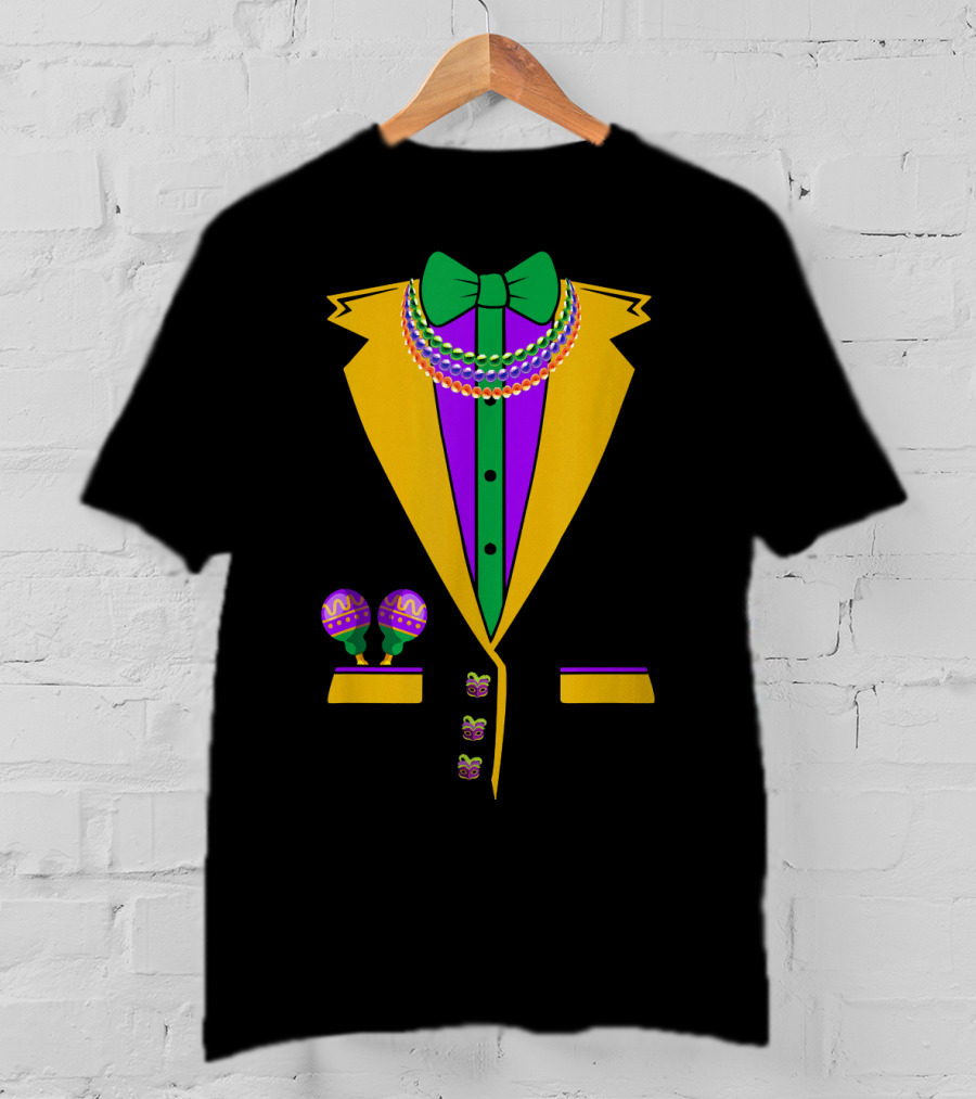 Tuxedo Vest Mardi Gras Beads Bowtie Maracas Costume T-Shirt