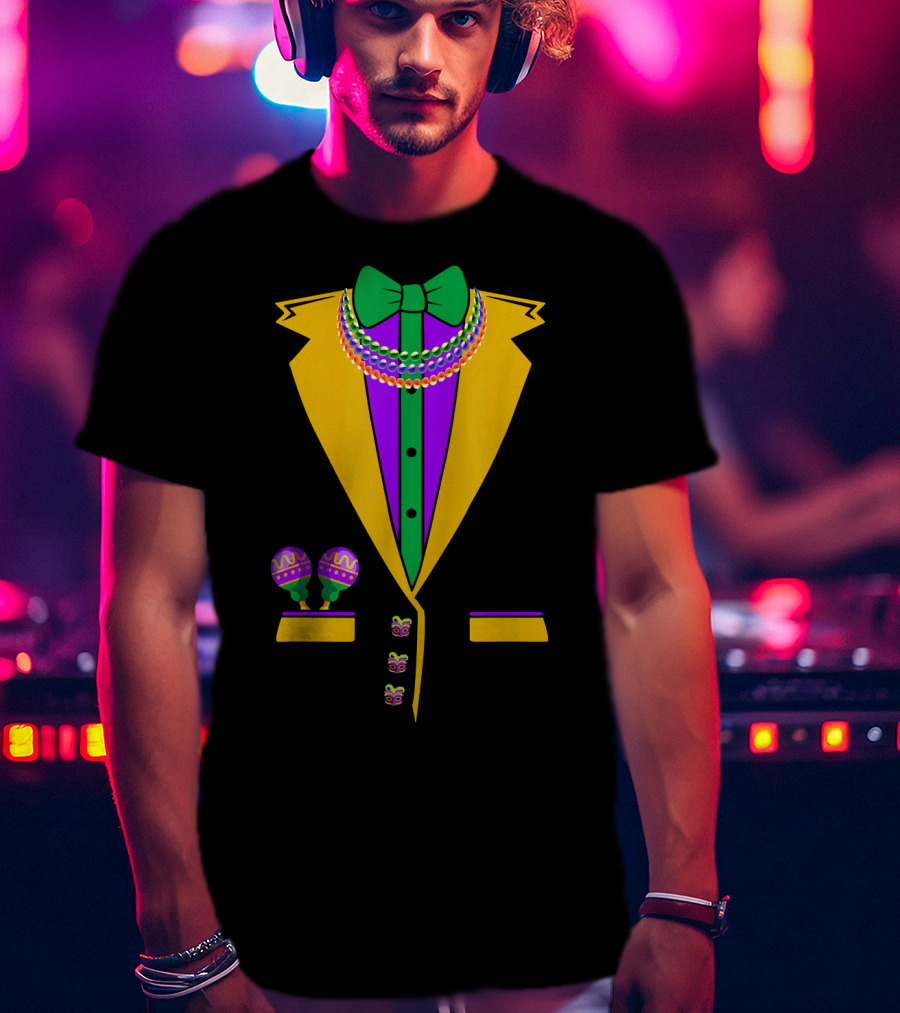 Tuxedo Vest Mardi Gras Beads Bowtie Maracas Costume T-Shirt
