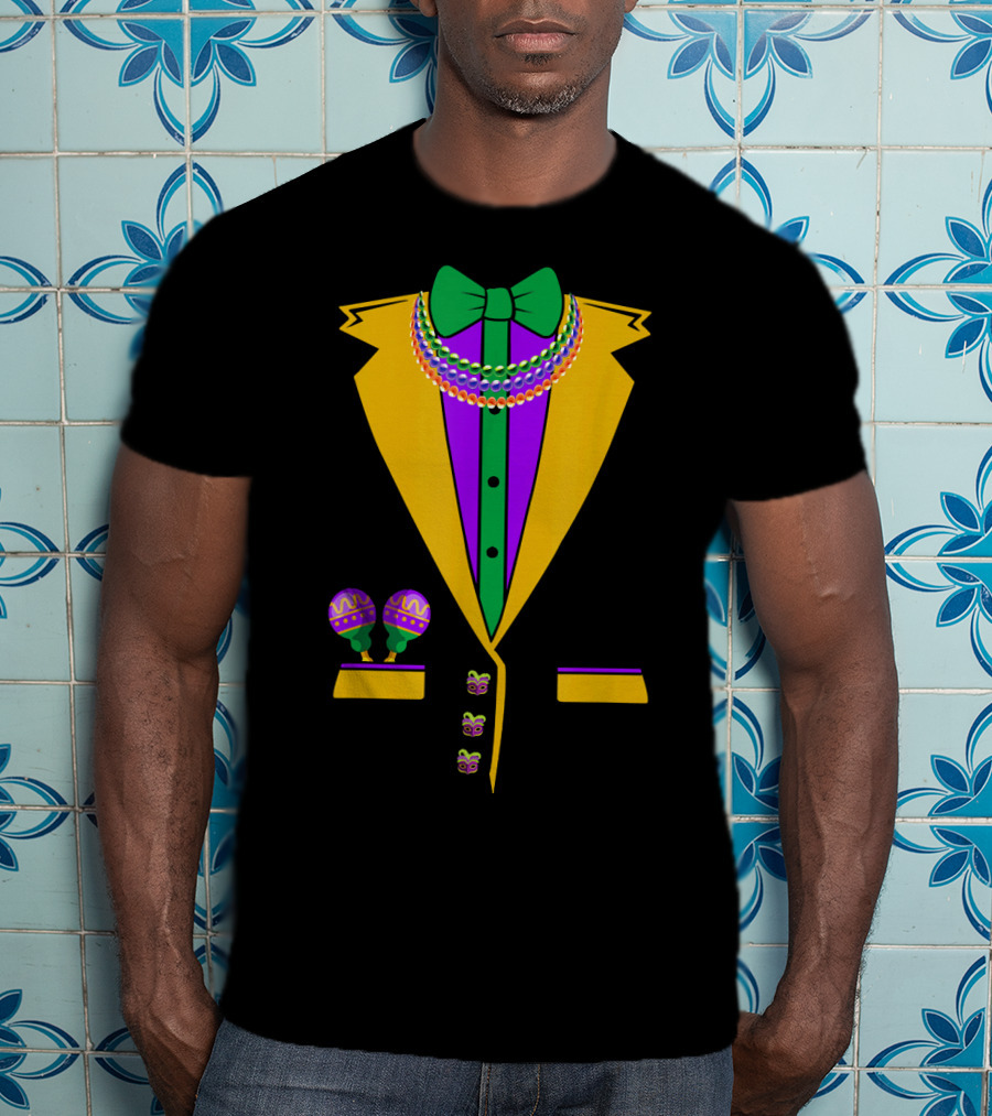 Tuxedo Vest Mardi Gras Beads Bowtie Maracas Costume T-Shirt