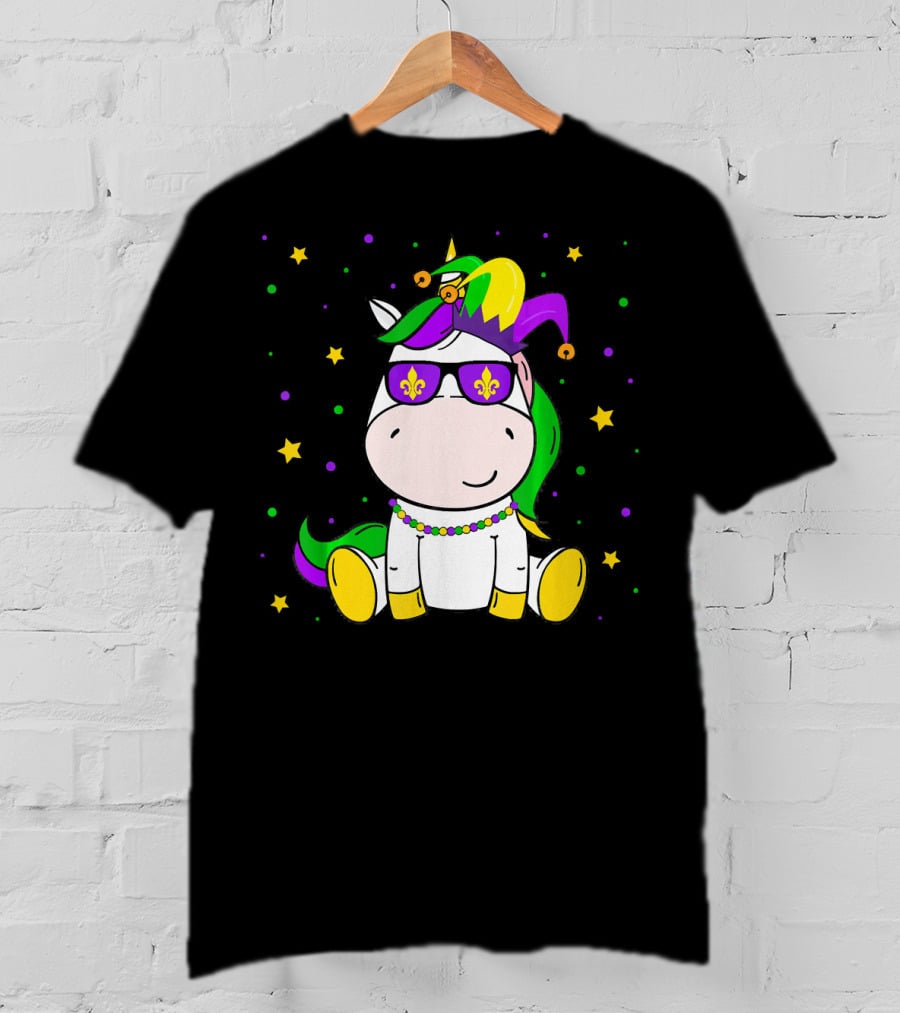 Mardi Gras Unicorn Kids Carnival Festival Jester Fleur-De-Lis Beads T-Shirt