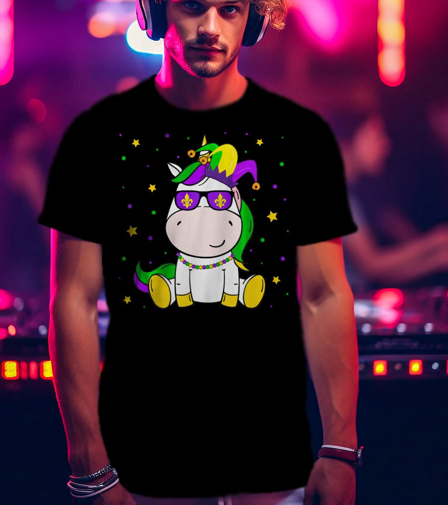 Mardi Gras Unicorn Kids Carnival Festival Jester Fleur-De-Lis Beads T-Shirt
