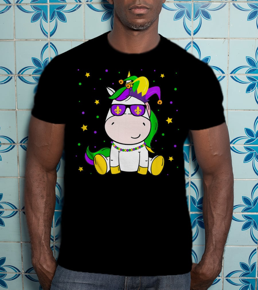 Mardi Gras Unicorn Kids Carnival Festival Jester Fleur-De-Lis Beads T-Shirt