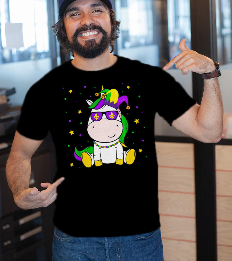 Mardi Gras Unicorn Kids Carnival Festival Jester Fleur-De-Lis Beads T-Shirt