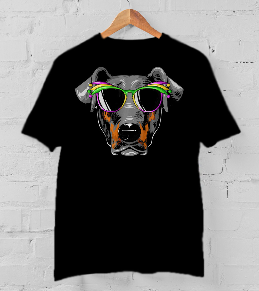 Doberman With Mardi Gras Carnival Mask Sunglasses T-Shirt