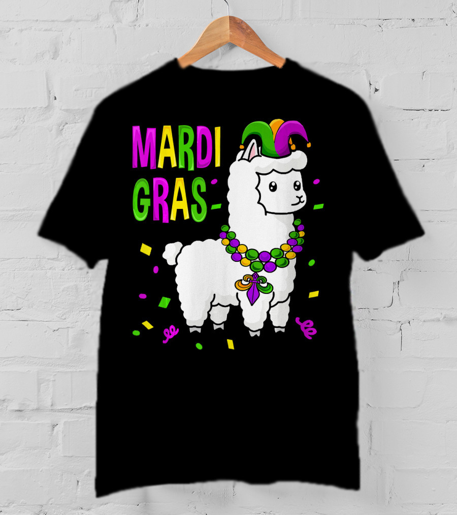Mardi Gras Llama Jester New Orleans Beads Confetti T-Shirt