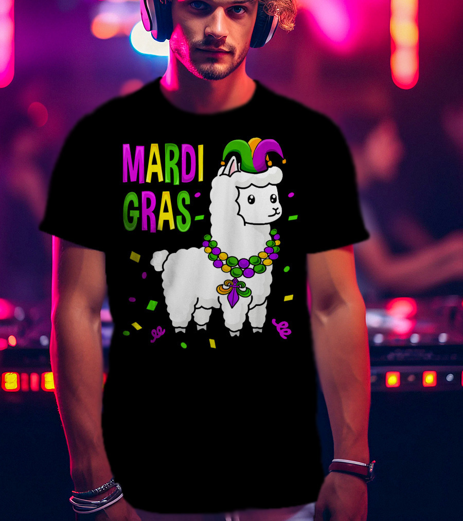 Mardi Gras Llama Jester New Orleans Beads Confetti T-Shirt