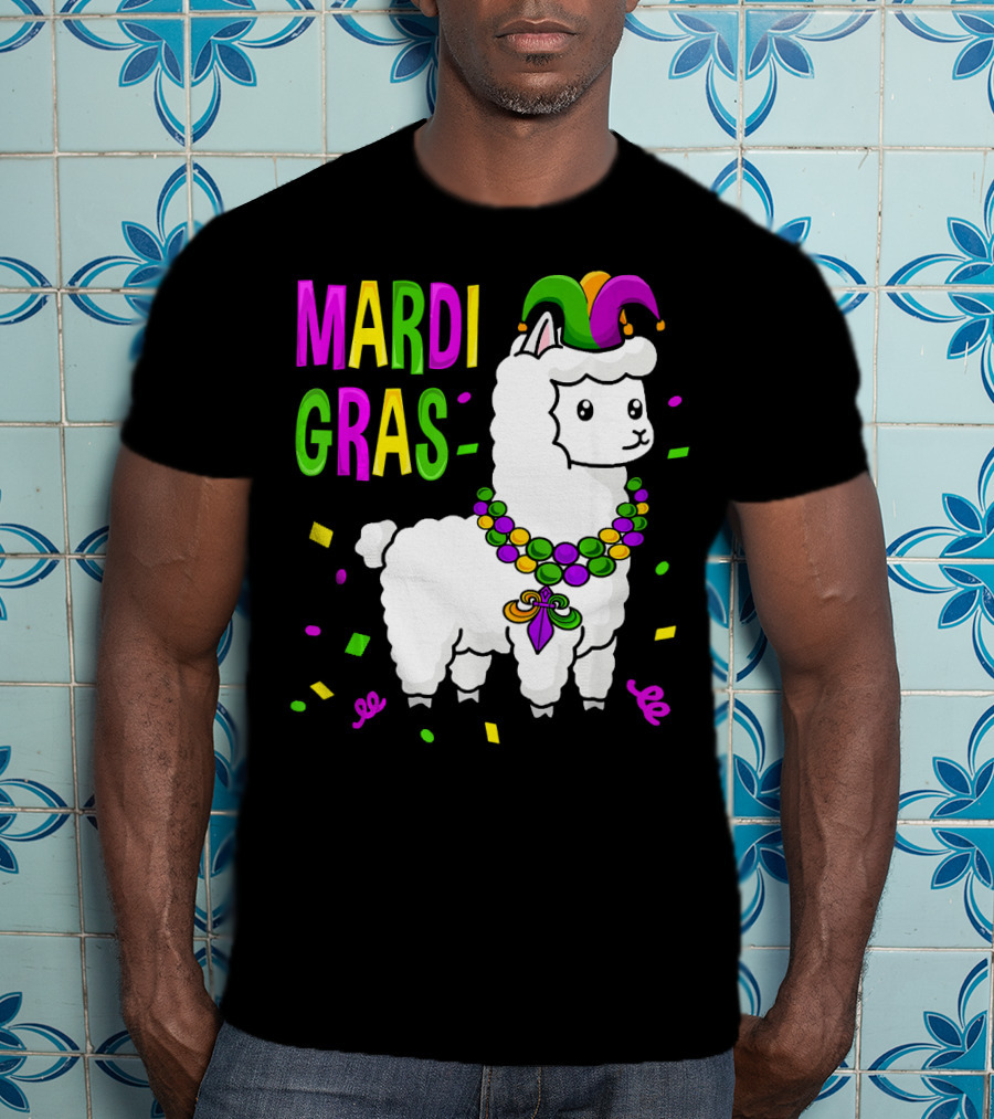 Mardi Gras Llama Jester New Orleans Beads Confetti T-Shirt
