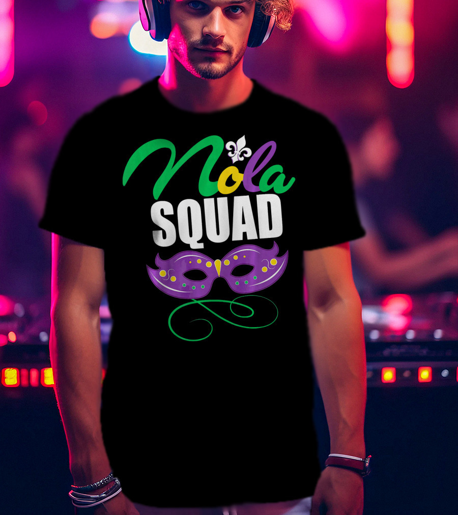 Nola Squad Mardi Gras New Orleans Purple Mask Fleur-de-Lis T-Shirt