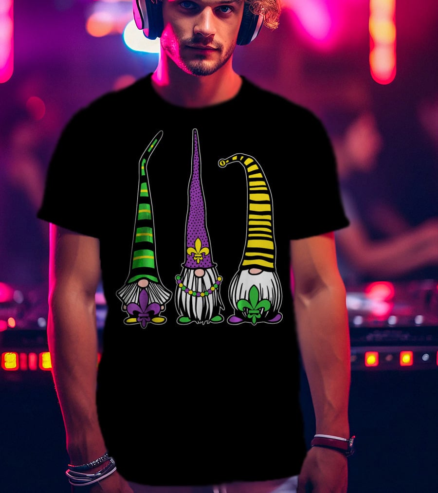 Cute Gnomes Mardi Gras Tuesday Gnome Bea Festival Fleur De Lis T-Shirt