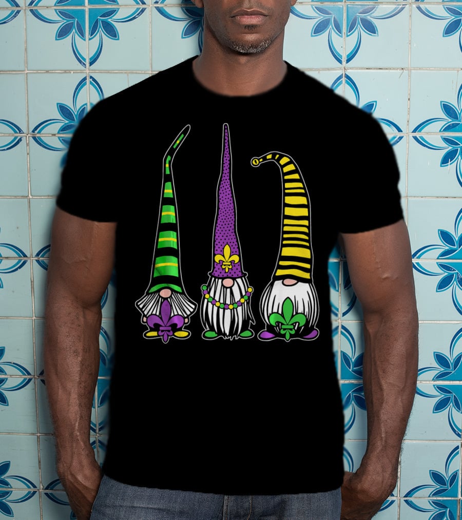 Cute Gnomes Mardi Gras Tuesday Gnome Bea Festival Fleur De Lis T-Shirt
