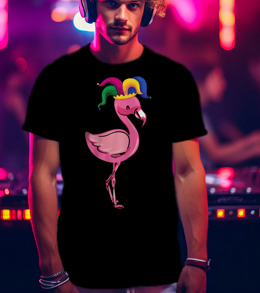 Flamingo With Jester Hat Mardi Gras Costume T-Shirt