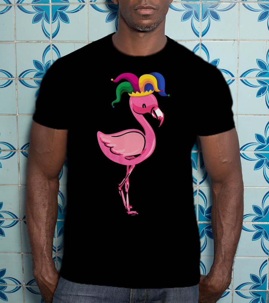 Flamingo With Jester Hat Mardi Gras Costume T-Shirt