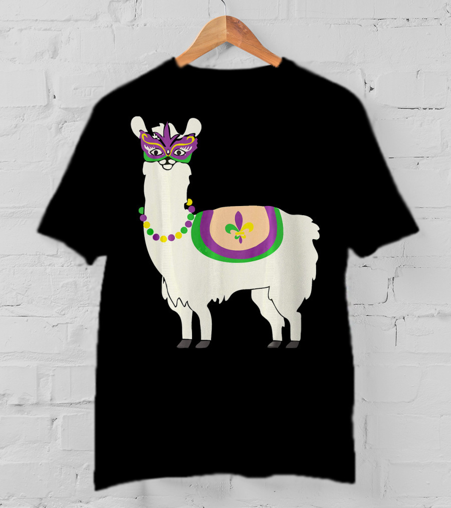 Mardi Gras Llama With Fleur-de-Lis Beads And Mask For Funny Carnival Party T-Shirt