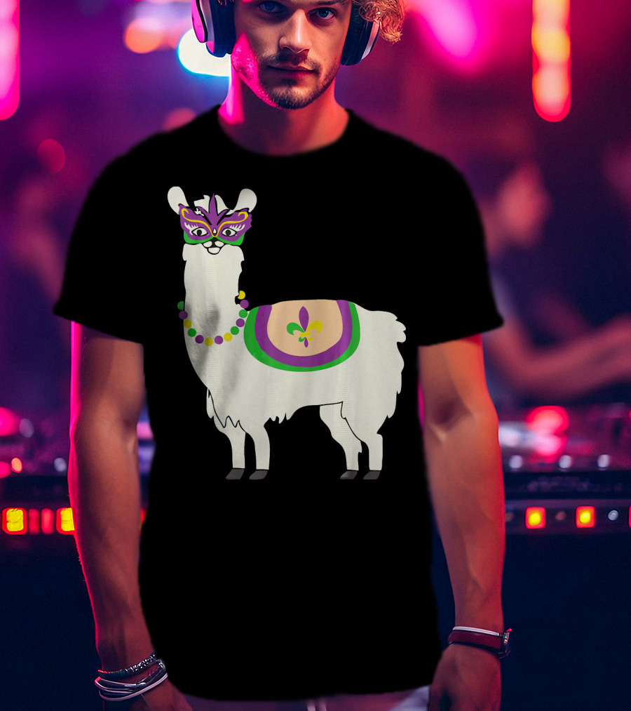 Mardi Gras Llama With Fleur-de-Lis Beads And Mask For Funny Carnival Party T-Shirt