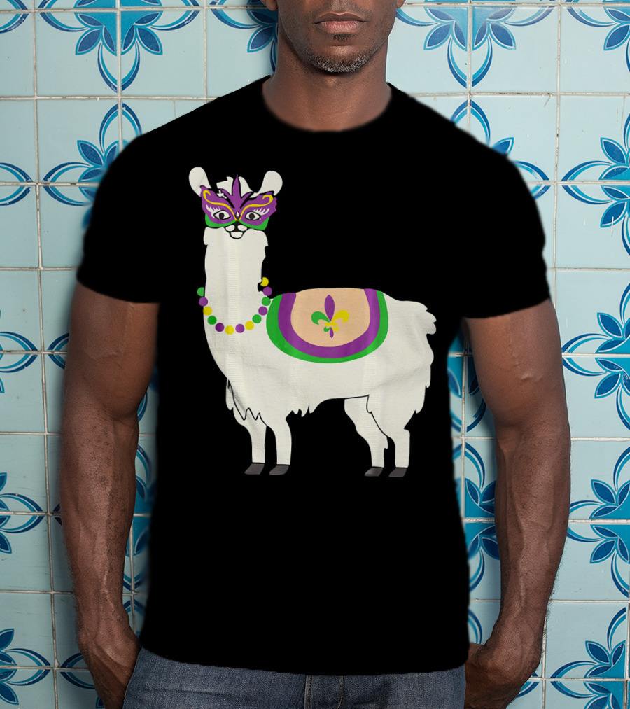 Mardi Gras Llama With Fleur-de-Lis Beads And Mask For Funny Carnival Party T-Shirt