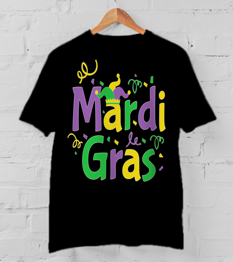 Mardi Gras Party Colorful Celebration With Jester Hat And Confetti T-Shirt