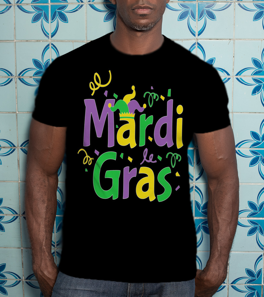 Mardi Gras Party Colorful Celebration With Jester Hat And Confetti T-Shirt