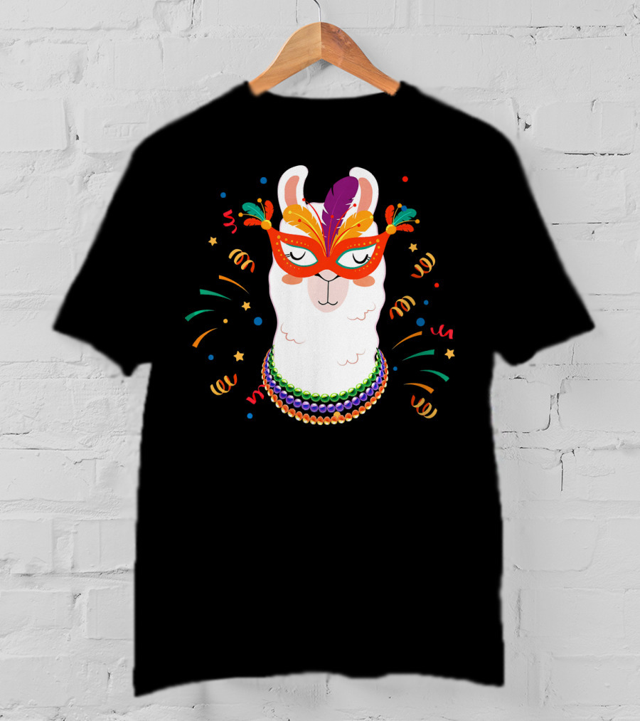 Llama Mardi Gras Mask Beads Festive T-Shirt