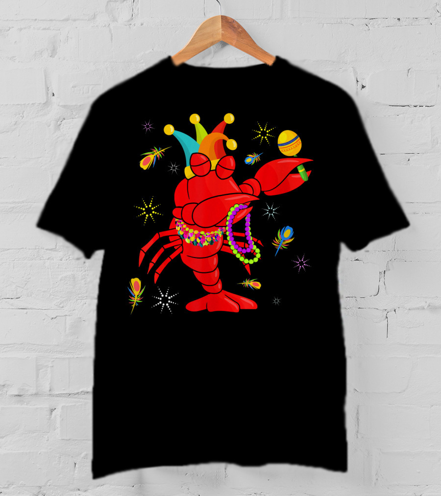 Mardi Gras Crawfish Dabbing Jester Hat Beads Feathers T-Shirt