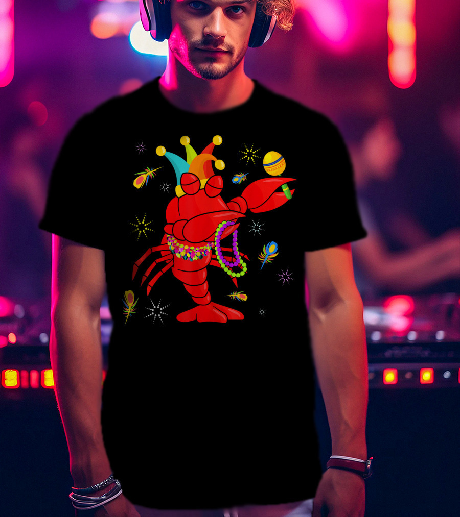 Mardi Gras Crawfish Dabbing Jester Hat Beads Feathers T-Shirt