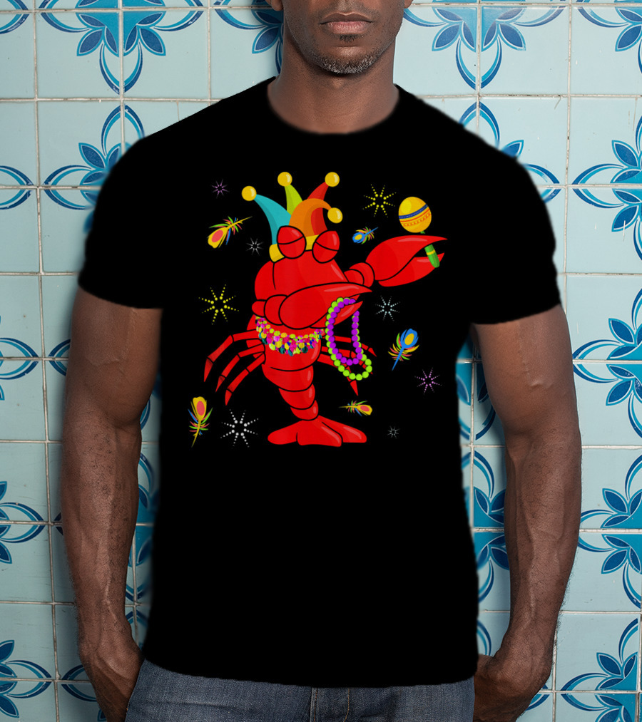 Mardi Gras Crawfish Dabbing Jester Hat Beads Feathers T-Shirt