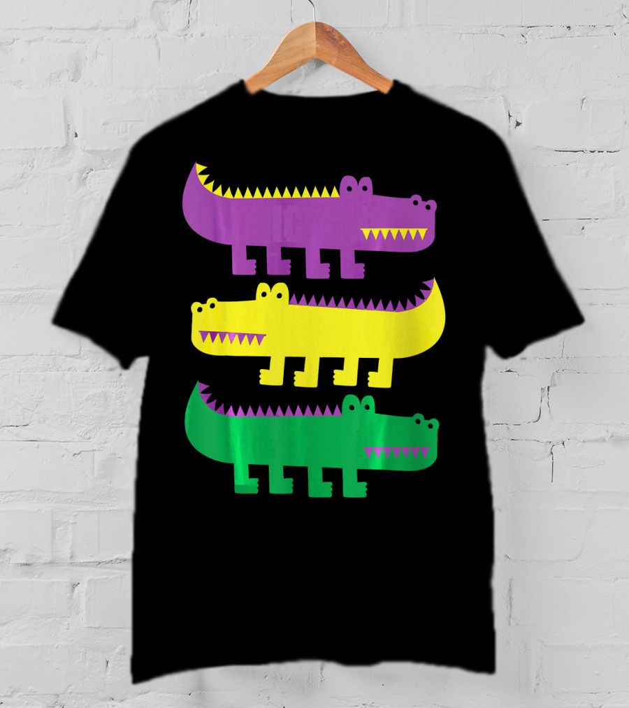 Mardi Gras Happy Alligator Crocodile Fun Purple Yellow Green Trio T-Shirt