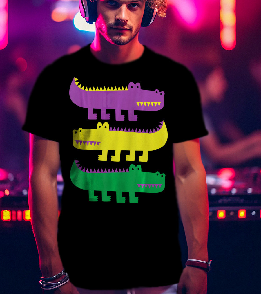 Mardi Gras Happy Alligator Crocodile Fun Purple Yellow Green Trio T-Shirt