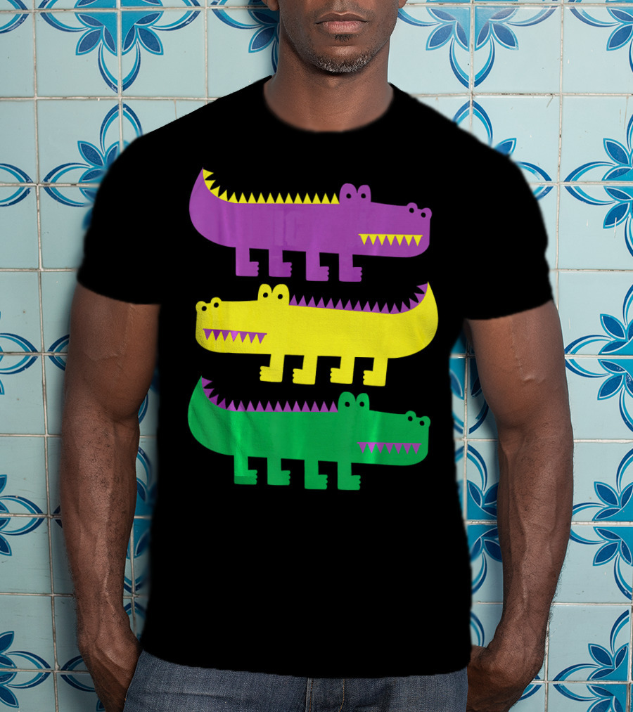 Mardi Gras Happy Alligator Crocodile Fun Purple Yellow Green Trio T-Shirt