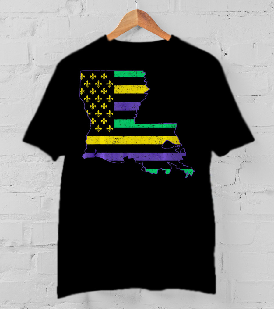 New Orleans Mardi Gras Louisiana Map Fleur-de-lis Flag T-Shirt