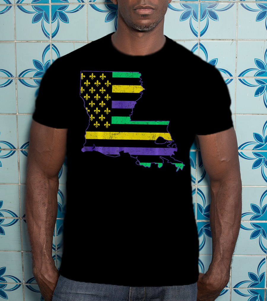 New Orleans Mardi Gras Louisiana Map Fleur-de-lis Flag T-Shirt