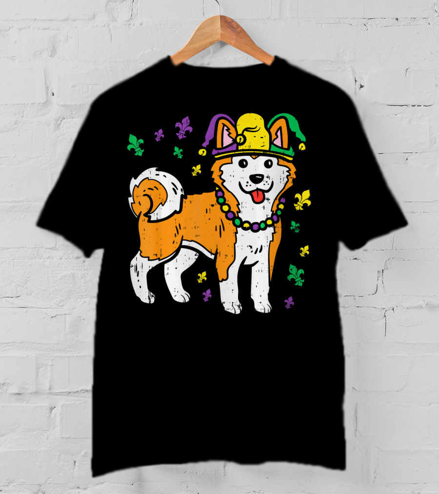 Jester Shiba Inu Akita Japanese Dog Mardi Gras Fleur-de-Lis T-Shirt