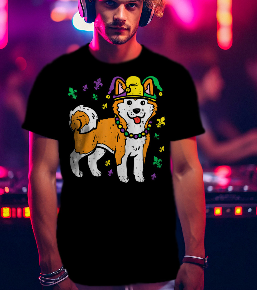 Jester Shiba Inu Akita Japanese Dog Mardi Gras Fleur-de-Lis T-Shirt