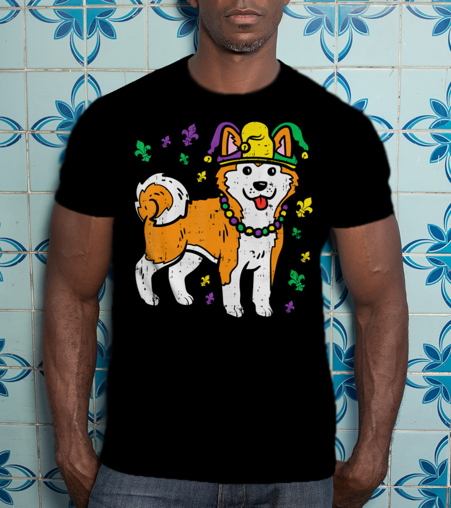 Jester Shiba Inu Akita Japanese Dog Mardi Gras Fleur-de-Lis T-Shirt