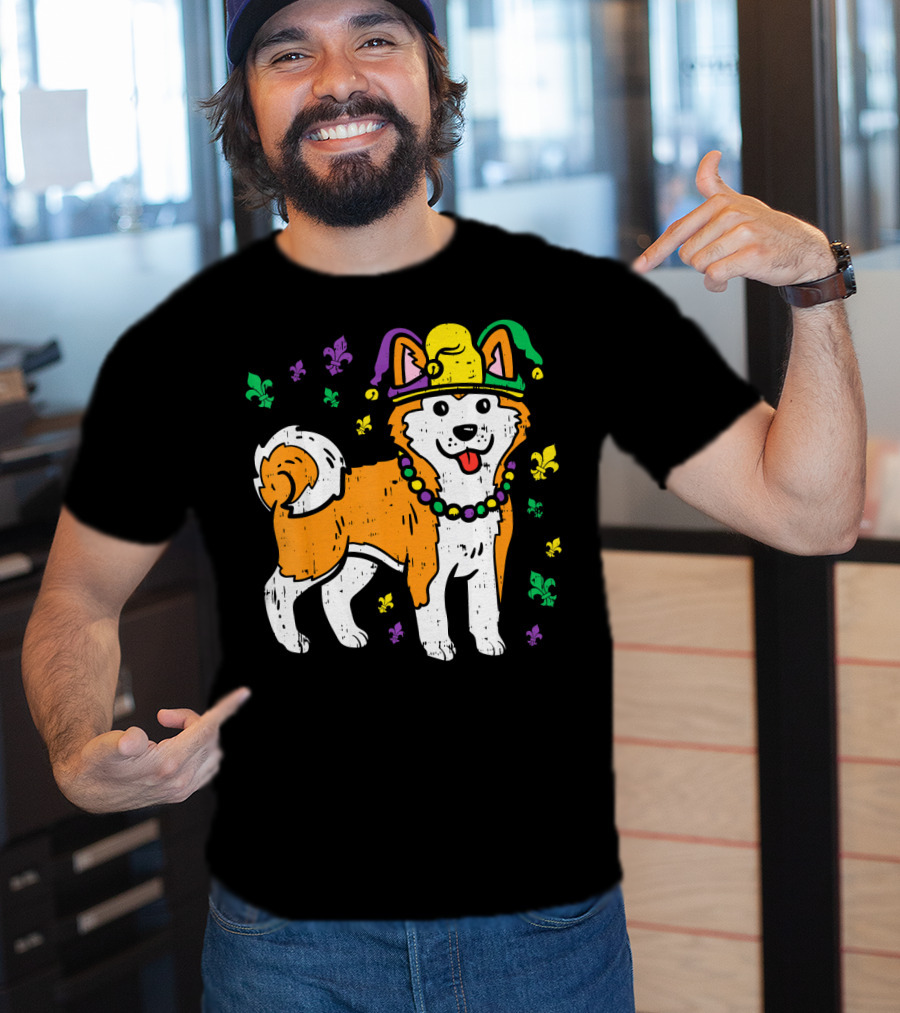 Jester Shiba Inu Akita Japanese Dog Mardi Gras Fleur-de-Lis T-Shirt