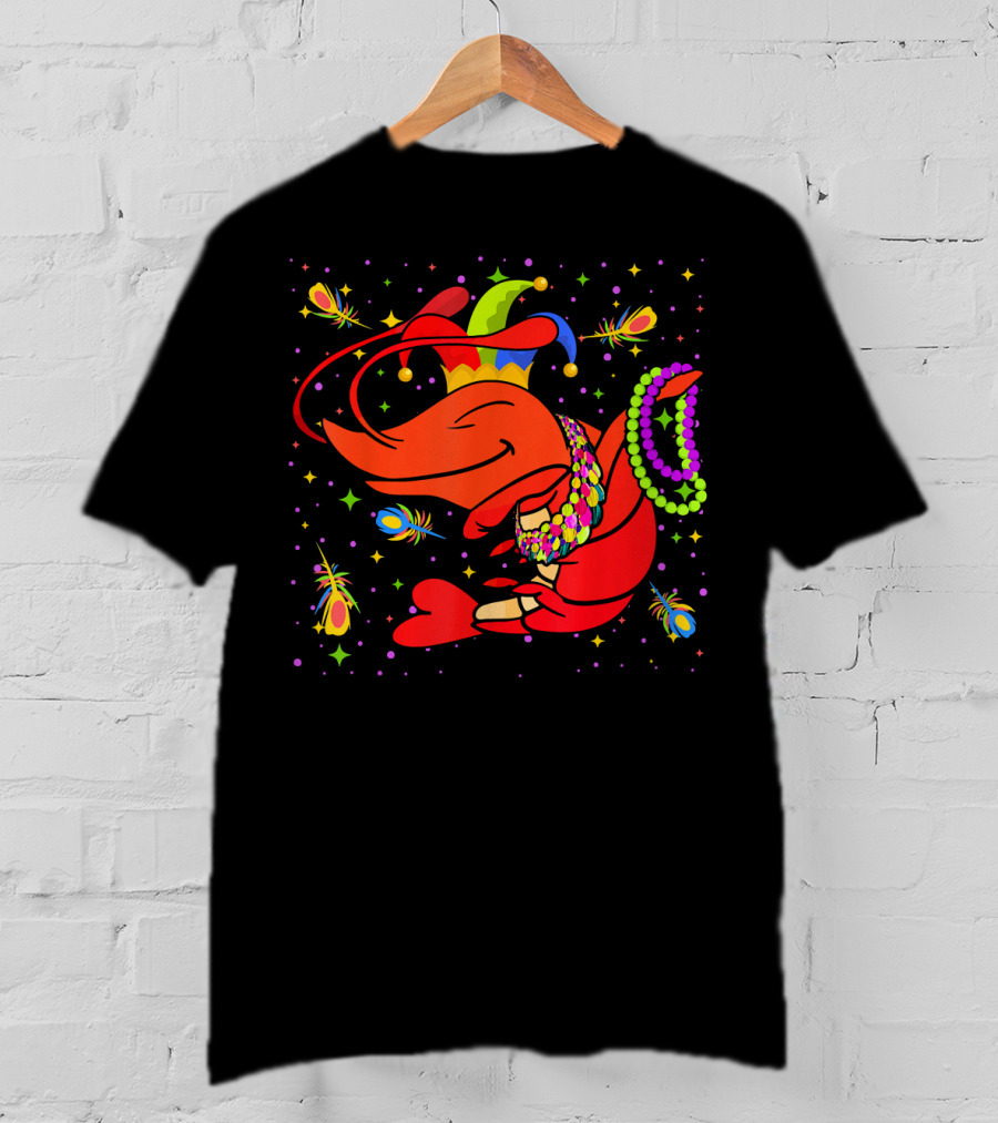 Dabbing Crawfish With Beads And Jester Hat Mardi Gras T-Shirt
