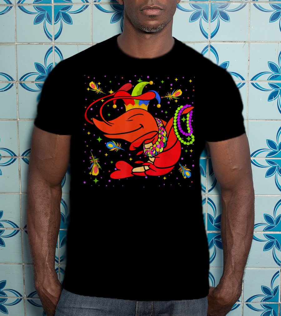 Dabbing Crawfish With Beads And Jester Hat Mardi Gras T-Shirt