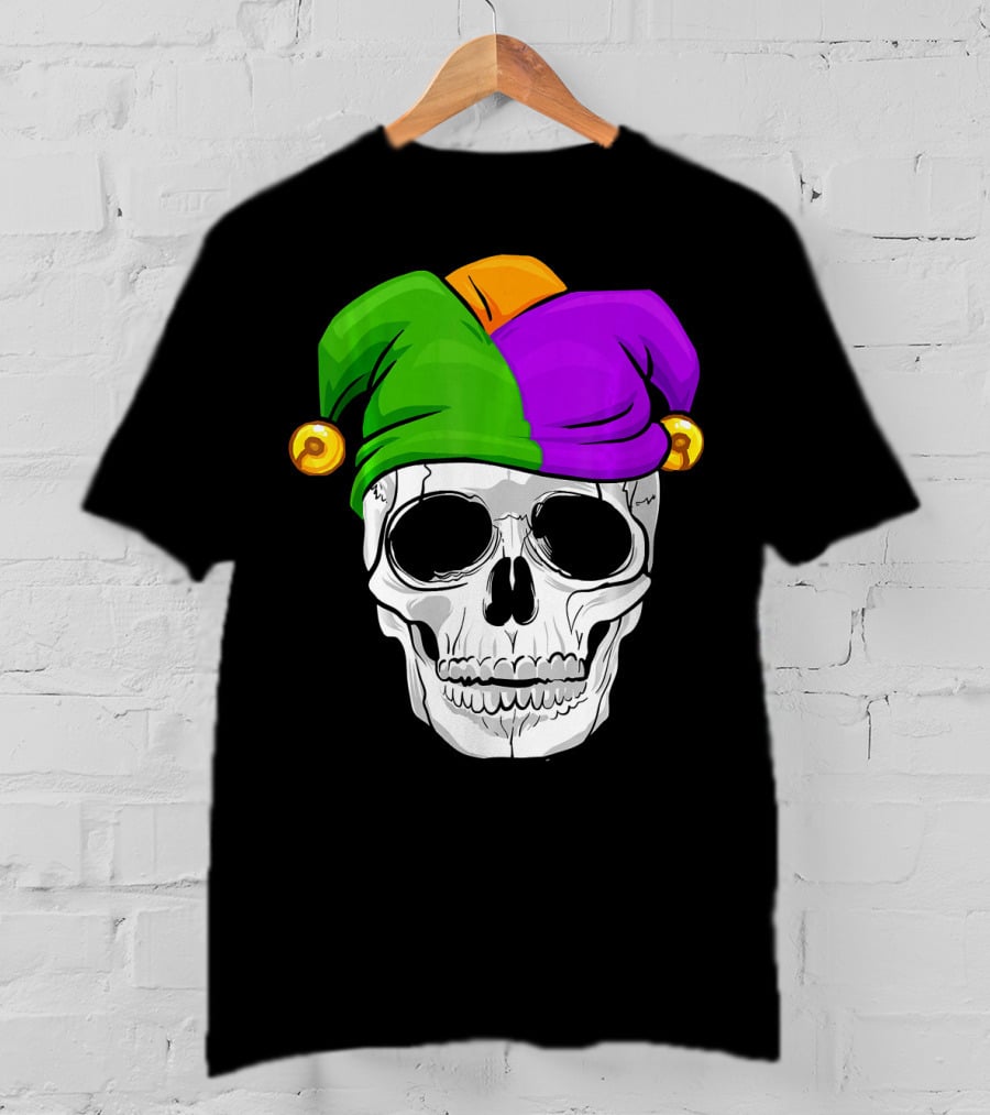 Mardi Gras New Orleans Skull With Colorful Jester Hat T-Shirt