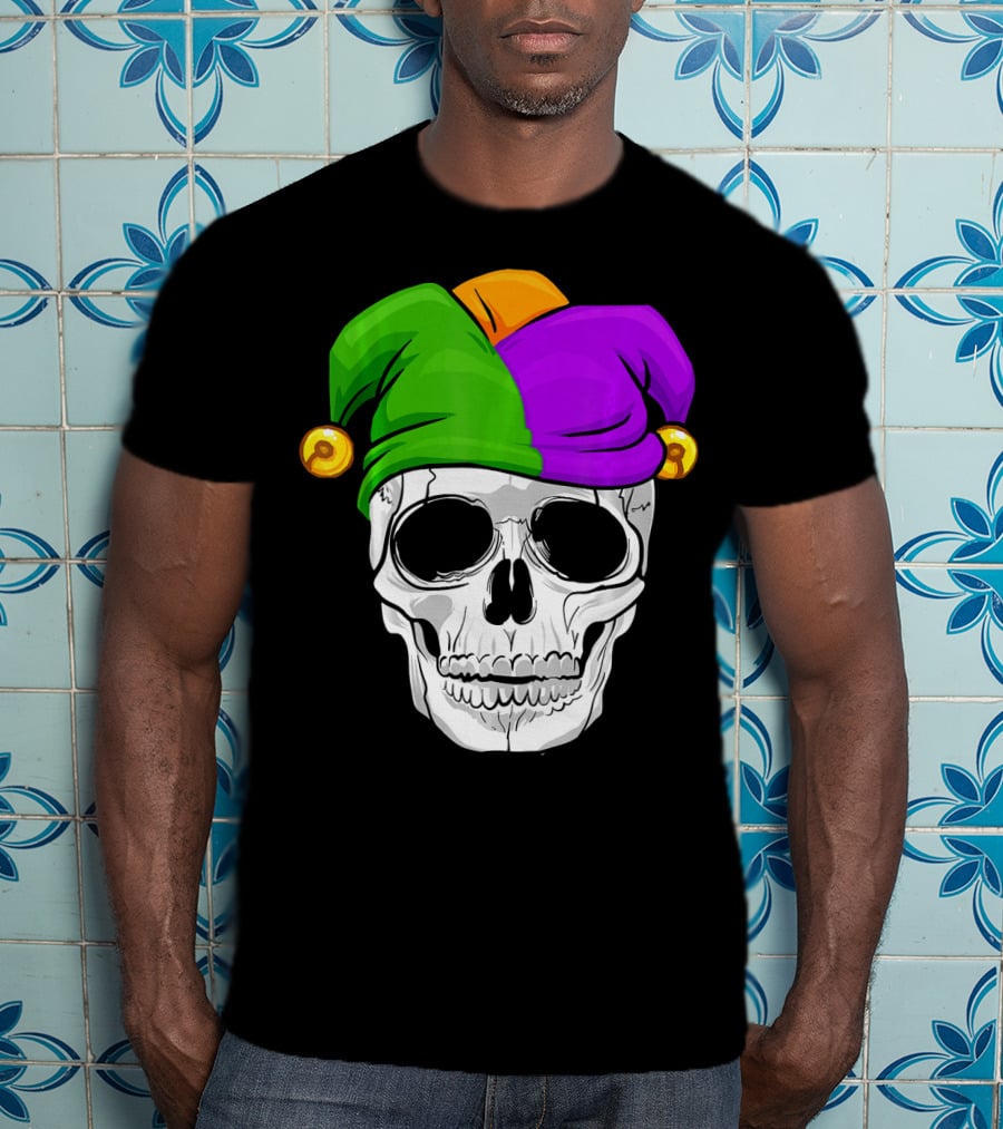 Mardi Gras New Orleans Skull With Colorful Jester Hat T-Shirt