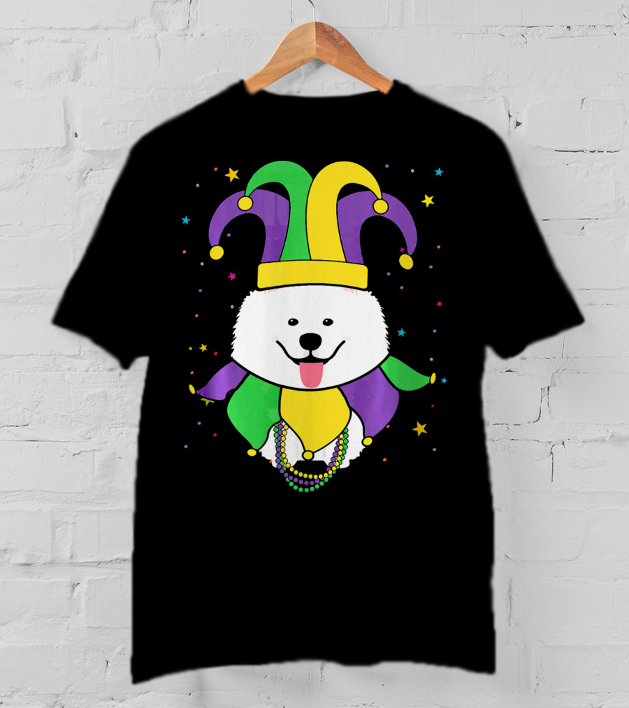 Funny Samoyed With Jester Hat And Mardi Gras Colors T-Shirt