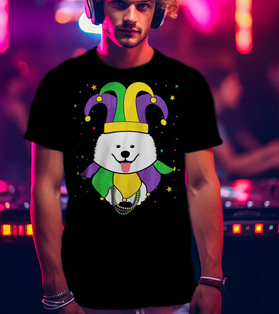 Funny Samoyed With Jester Hat And Mardi Gras Colors T-Shirt